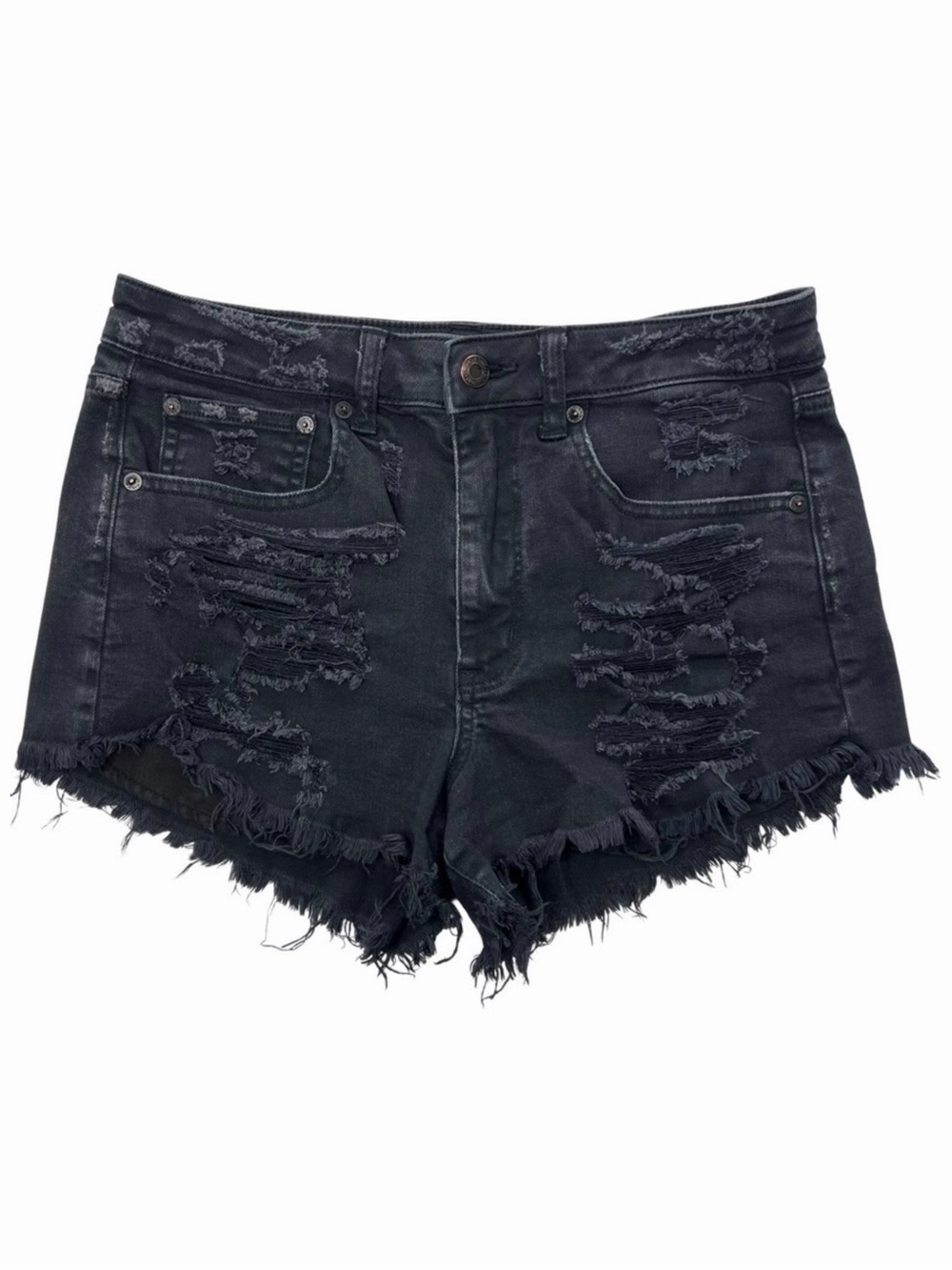 AEO Jean Shorts Distressed Vintage Hi Rise Festival Cut Off Black Denim 6 - Picture 12 of 12